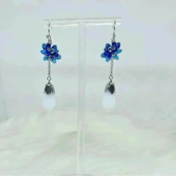 Blue Lotus Dangling Earrings - Picture 2 of 5